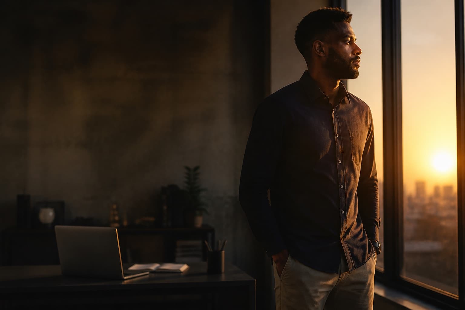 Entrepreneur finishing work in a modern studio at golden hour